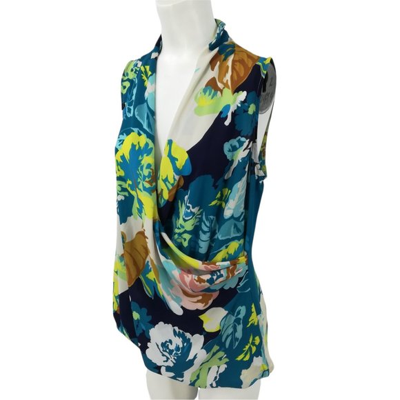 Cabi Spring Blossom Faux Wrap Blouse Size M Draped Sleeveless V-Neck Blue - Picture 6 of 12